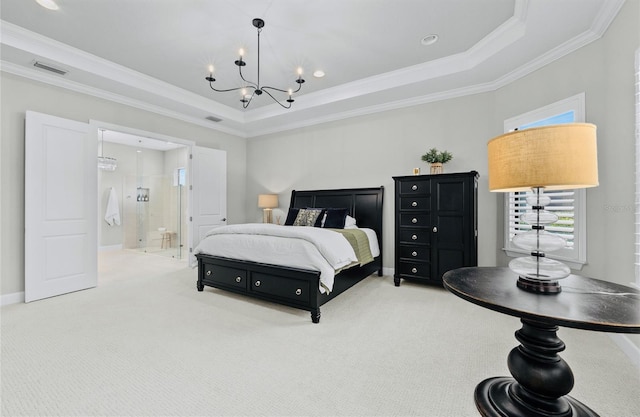 bedroom with a tray ceiling, multiple windows, crown molding, an inviting chandelier, and carpet flooring