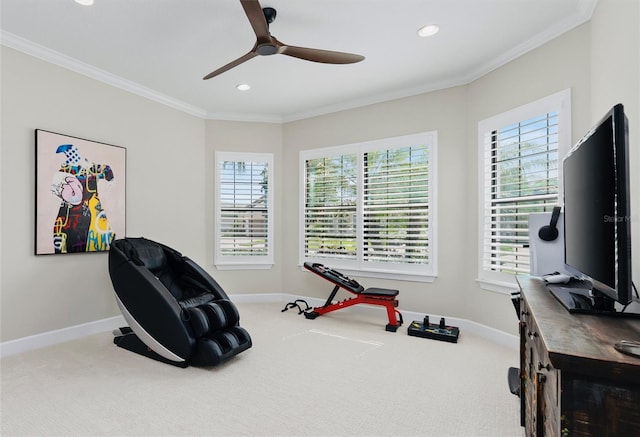 exercise area featuring baseboards, carpet flooring, and a wealth of natural light