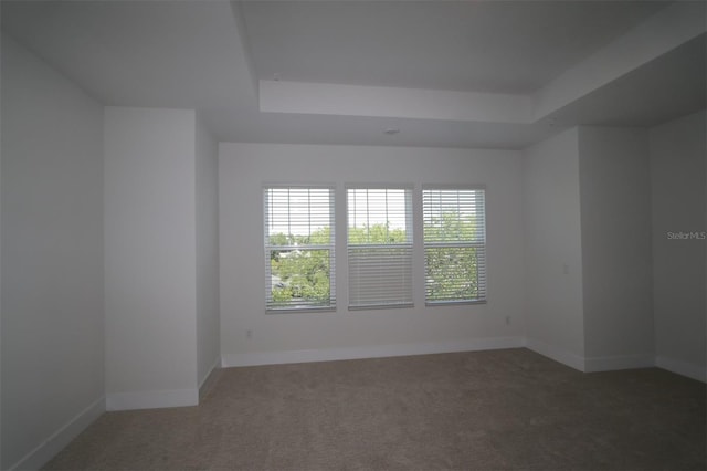 carpeted empty room with a tray ceiling and baseboards