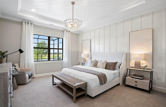bedroom with baseboards, ornamental molding, and light colored carpet