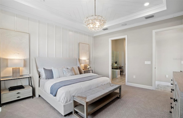 carpeted bedroom featuring crown molding, an inviting chandelier, and visible vents