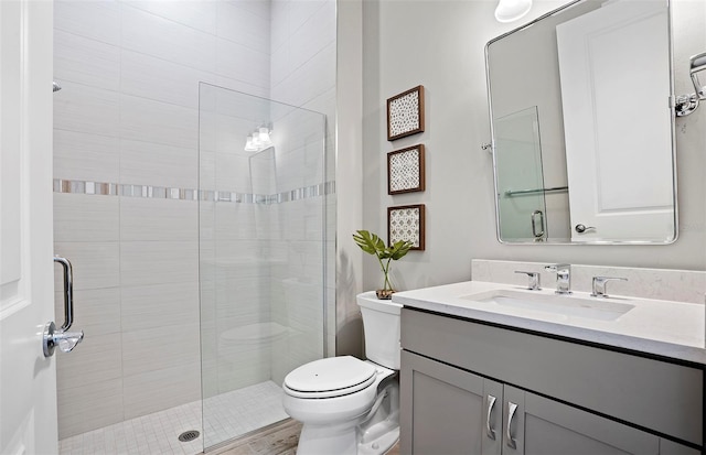 bathroom with vanity, a tile shower, and toilet