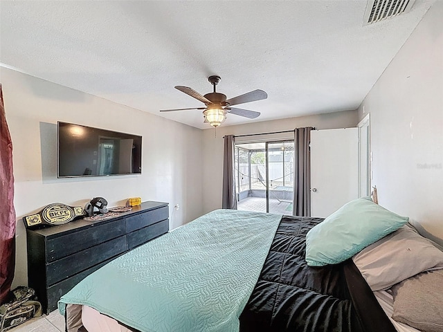 7237 Bramblewood Dr, Port Richey, FL 34668 - bedroom with visible vents, a textured ceiling, ceiling fan, and access to exterior
