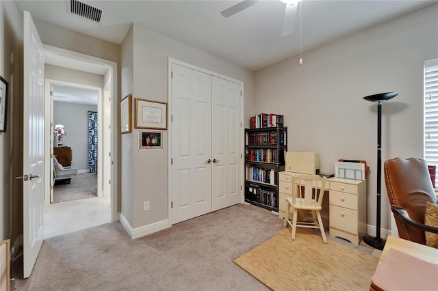 6507 Maiden Sea Dr, Apollo Beach, FL 33572 - carpeted home office featuring baseboards, ceiling fan, and visible vents