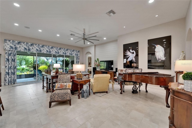 6507 Maiden Sea Dr, Apollo Beach, FL 33572 - living area with recessed lighting, arched walkways, ceiling fan, and visible vents