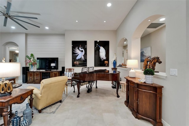 6507 Maiden Sea Dr, Apollo Beach, FL 33572 - living room with recessed lighting, arched walkways, ceiling fan, and visible vents