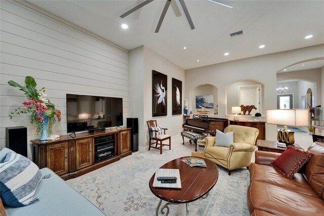 6507 Maiden Sea Dr, Apollo Beach, FL 33572 - living room featuring a ceiling fan, arched walkways, recessed lighting, and visible vents