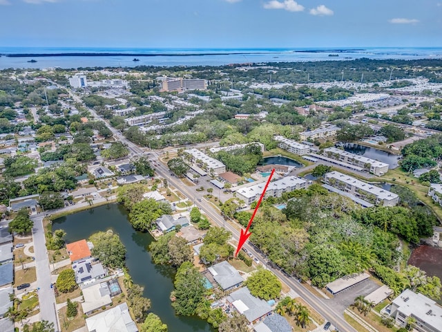 bird's eye view with a water view