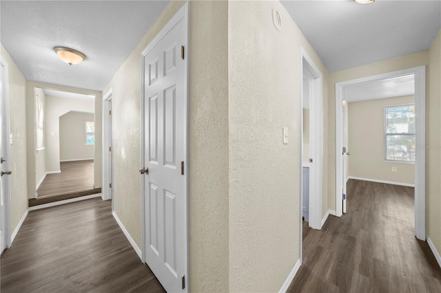 corridor featuring a textured wall, baseboards, dark wood-type flooring, and a healthy amount of sunlight