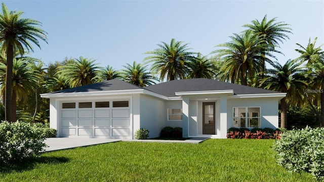 view of front of home with a garage, stucco siding, a front yard, and concrete driveway