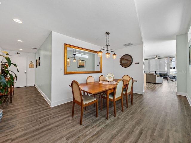 dining room featuring wood finished floors, baseboards, recessed lighting, and a ceiling fan