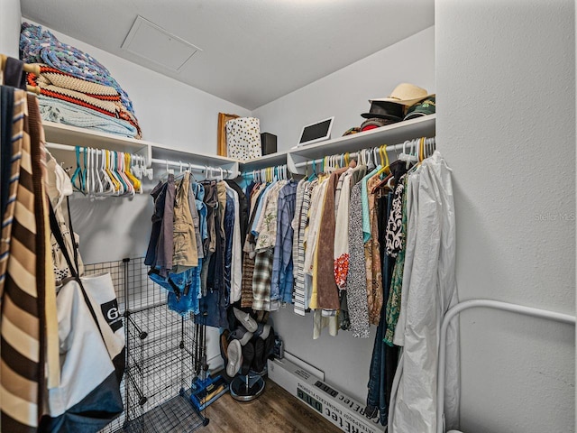 spacious closet featuring attic access and wood finished floors