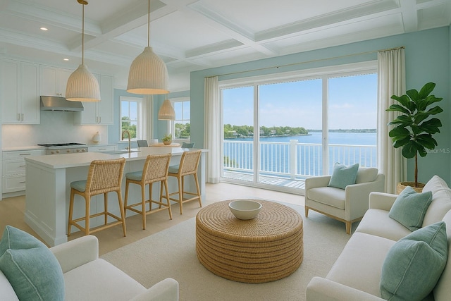1104 Pass A Grille Way, St Pete Beach, FL 33706 - living area featuring coffered ceiling, beamed ceiling, a water view, and light wood-style floors
