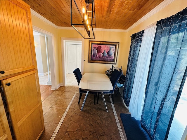 1101 Alcazar Way S, Saint Petersburg, FL 33705 - dining area featuring baseboards, an inviting chandelier, ornamental molding, and wood ceiling