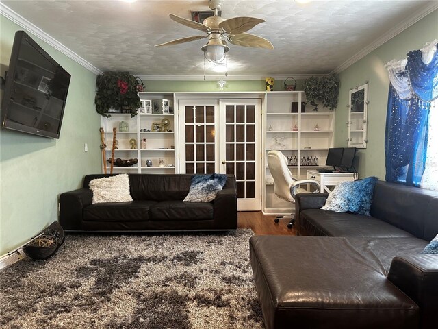 1101 Alcazar Way S, Saint Petersburg, FL 33705 - living room with crown molding, a ceiling fan, french doors, and wood finished floors