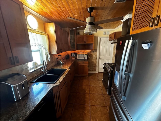 1101 Alcazar Way S, Saint Petersburg, FL 33705 - kitchen with ceiling fan, a sink, wooden ceiling, dark tile patterned flooring, and black appliances
