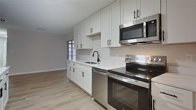 kitchen featuring light wood finished floors, a sink, white cabinets, light countertops, and appliances with stainless steel finishes