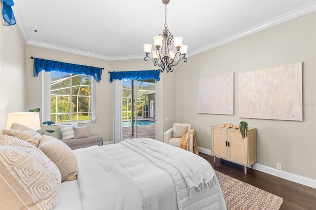 4690 Wrentham Pl, Palm Harbor, FL 34685 - bedroom featuring access to outside, a chandelier, crown molding, and dark wood-type flooring