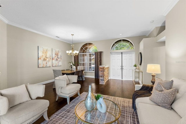 4690 Wrentham Pl, Palm Harbor, FL 34685 - living room with a chandelier, wood finished floors, and ornamental molding