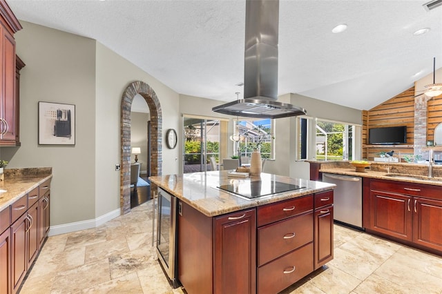 4690 Wrentham Pl, Palm Harbor, FL 34685 - kitchen with dishwasher, island exhaust hood, reddish brown cabinets, black electric cooktop, and wine cooler
