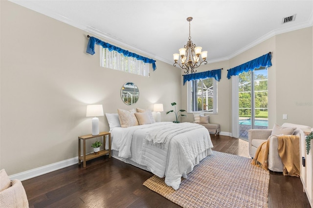 4690 Wrentham Pl, Palm Harbor, FL 34685 - bedroom featuring access to exterior, a chandelier, ornamental molding, multiple windows, and dark wood-type flooring