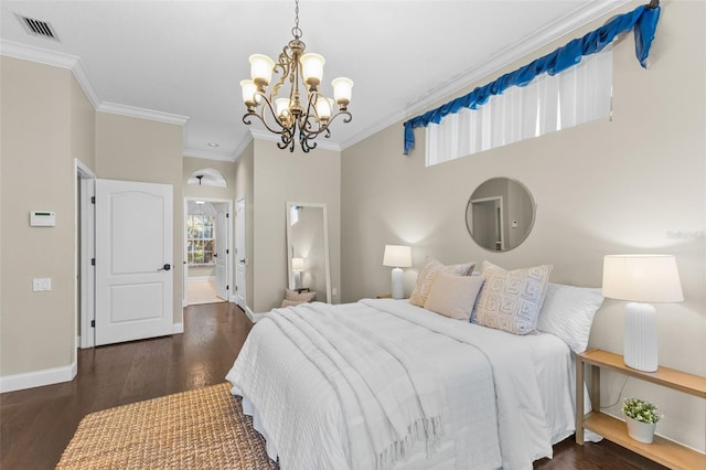 4690 Wrentham Pl, Palm Harbor, FL 34685 - bedroom with ornamental molding, a chandelier, and wood finished floors