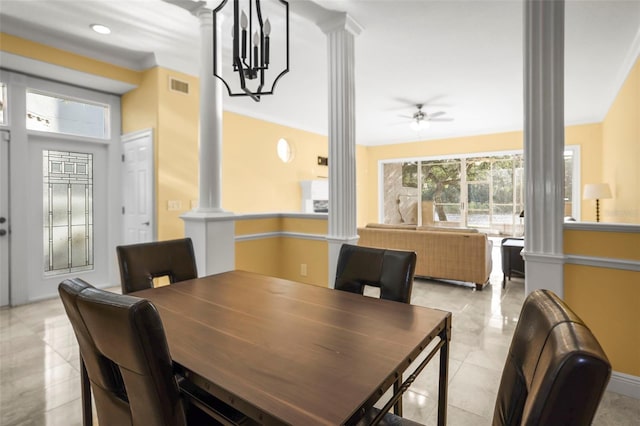 dining space with a ceiling fan, decorative columns, light tile patterned flooring, and visible vents