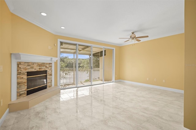 unfurnished living room featuring ceiling fan, a fireplace, marble finish floor, baseboards, and ornamental molding