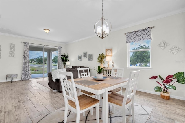 11626 Blue Woods Dr, Riverview, FL 33569 - dining space featuring ornamental molding, light wood finished floors, a chandelier, and baseboards