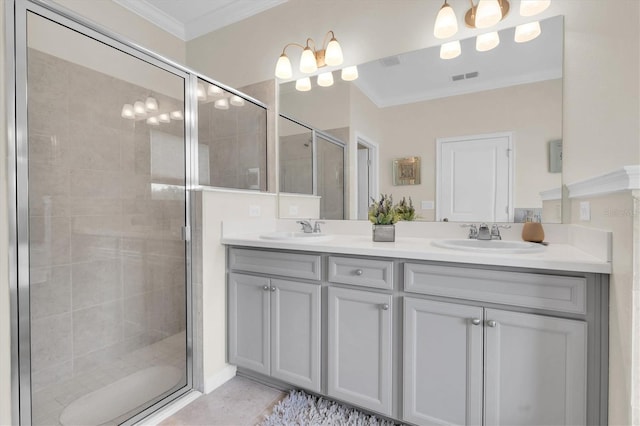 11626 Blue Woods Dr, Riverview, FL 33569 - full bath featuring ornamental molding, double vanity, a shower stall, and tile patterned flooring