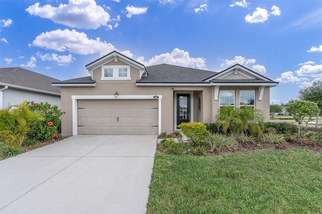 11626 Blue Woods Dr, Riverview, FL 33569 - view of front of house featuring stucco siding, concrete driveway, a garage, and a shingled roof