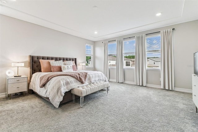 carpeted bedroom with baseboards and recessed lighting