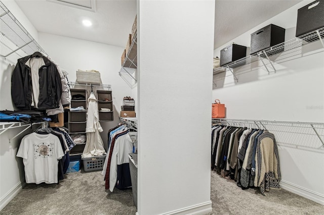 walk in closet with carpet flooring and attic access