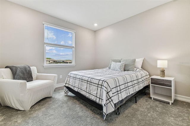 bedroom with carpet floors, baseboards, and recessed lighting