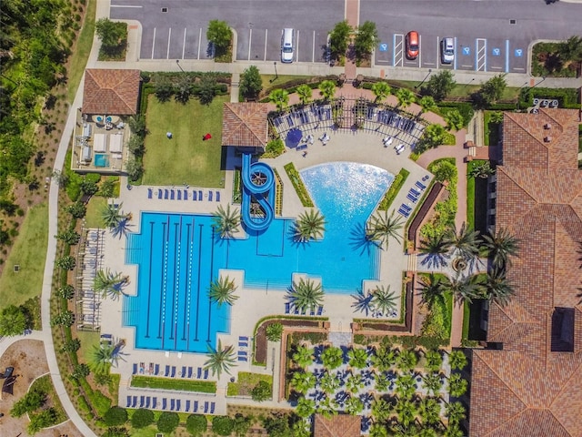 aerial view of a pool area