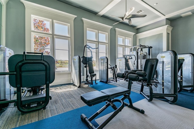 workout area featuring carpet and a ceiling fan
