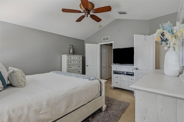 bedroom with carpet flooring, a ceiling fan, high vaulted ceiling, and visible vents