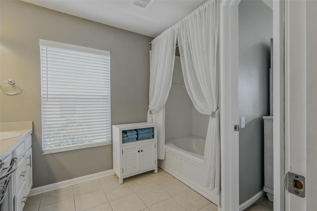 full bathroom with baseboards, visible vents, tile patterned flooring, and vanity
