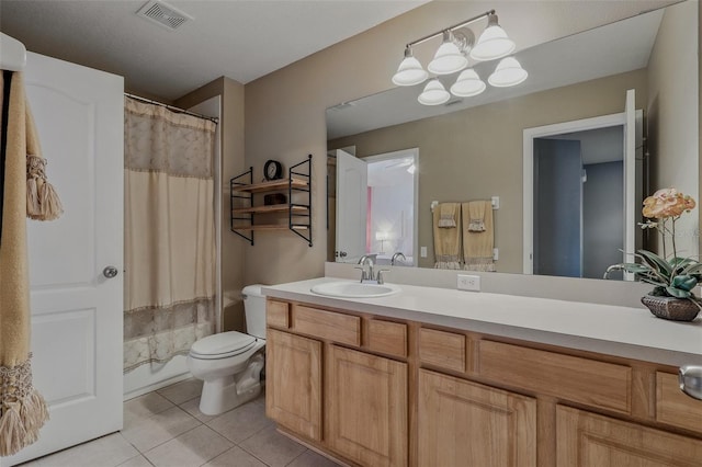 full bath with a notable chandelier, tile patterned flooring, vanity, toilet, and visible vents