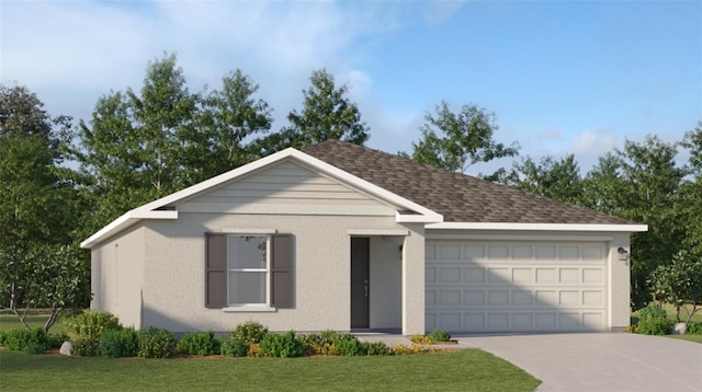 single story home featuring a garage, roof with shingles, driveway, and a front lawn