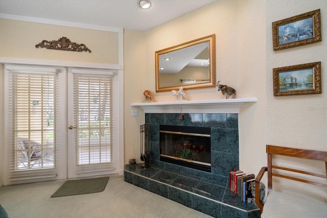 carpeted living room featuring recessed lighting and a fireplace