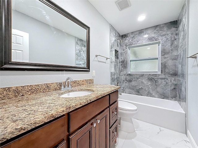 bathroom featuring shower / bathing tub combination, vanity, toilet, and visible vents