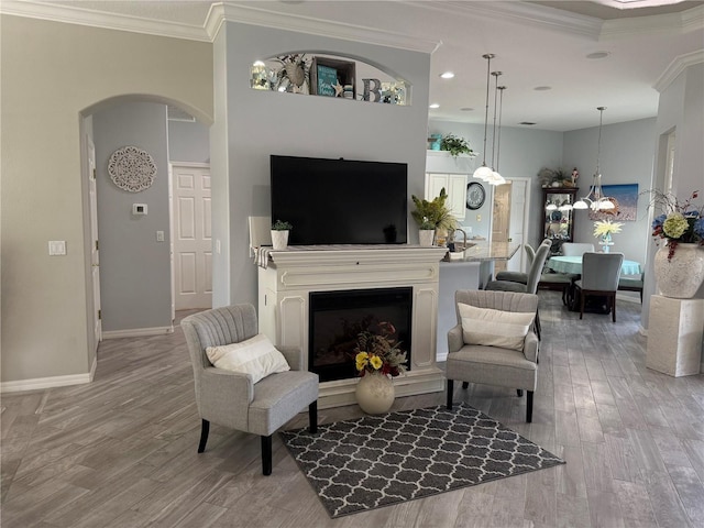 2908 89th Ave E, Parrish, FL 34219 - living area with arched walkways, wood finished floors, ornamental molding, a fireplace, and baseboards