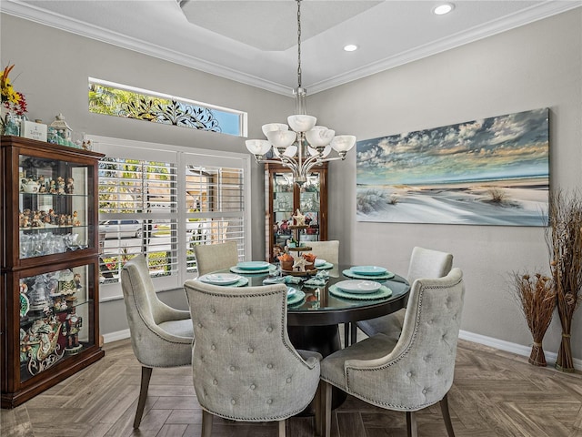 2908 89th Ave E, Parrish, FL 34219 - dining room featuring a chandelier, baseboards, ornamental molding, and recessed lighting