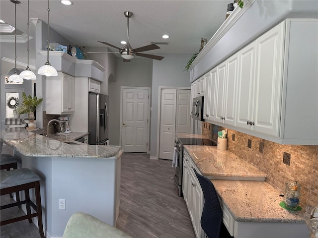 2908 89th Ave E, Parrish, FL 34219 - kitchen featuring stainless steel appliances, a ceiling fan, a sink, a high ceiling, and a peninsula