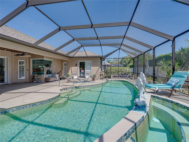 2908 89th Ave E, Parrish, FL 34219 - view of pool with a patio, ceiling fan, a pool with connected hot tub, and glass enclosure