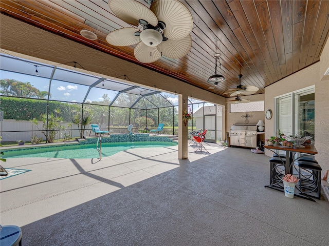 2908 89th Ave E, Parrish, FL 34219 - view of pool with a ceiling fan, a patio, a grill, and glass enclosure