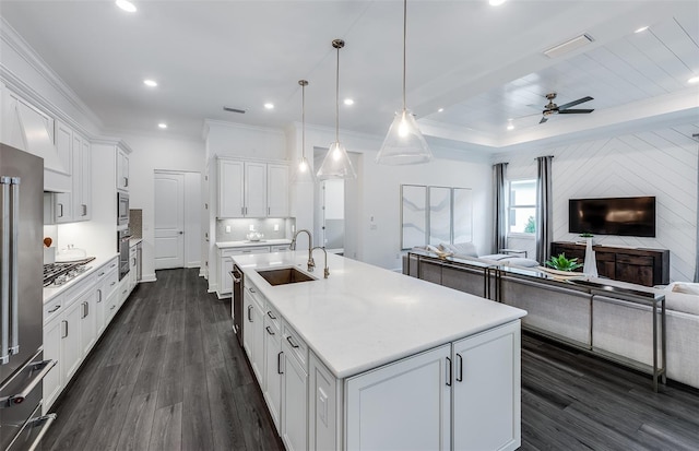 14727 Eagle Branch Dr, Nokomis, FL 34275 - kitchen featuring dark wood-type flooring, a sink, appliances with stainless steel finishes, and open floor plan