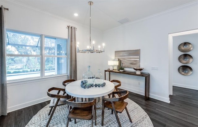 14727 Eagle Branch Dr, Nokomis, FL 34275 - dining space with a chandelier, recessed lighting, baseboards, dark wood-type flooring, and ornamental molding