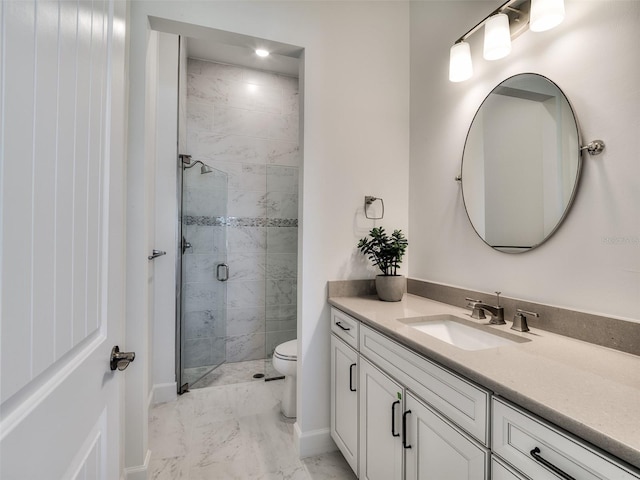 14727 Eagle Branch Dr, Nokomis, FL 34275 - full bathroom featuring vanity, toilet, marble finish floor, baseboards, and a stall shower